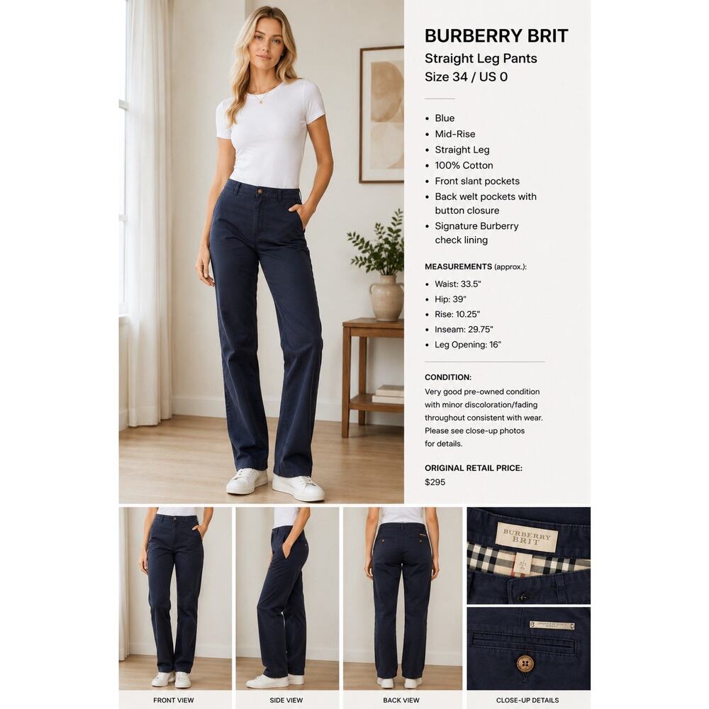 Burberry Brit Women’s Navy Straight Leg Pants Cotton Mid-Rise Size 34 / US 0